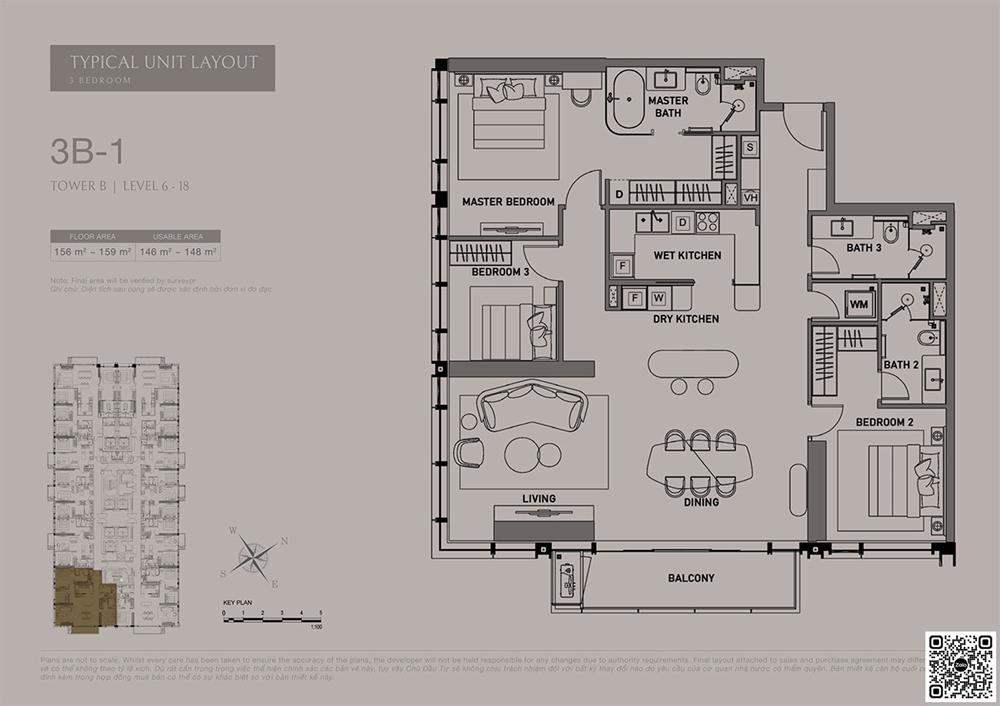 Thiết kế căn hộ 3 PN - diện tích 156-159m2 phân khu The Opusk Residence dự án The Metropole Thủ Thiêm.