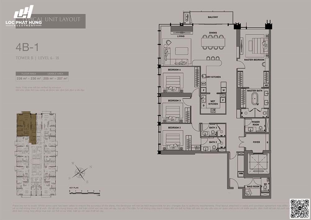 Thiết kế căn hộ 4 PN - diện tích 226-230m2 phân khu The Opusk Residence dự án The Metropole Thủ Thiêm.