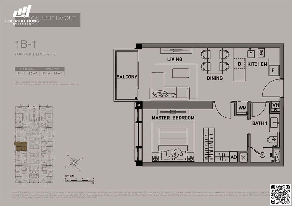 Thiết kế căn hộ 1 PN - diện tích 58-60m2 phân khu The Opusk Residence dự án The Metropole Thủ Thiêm.