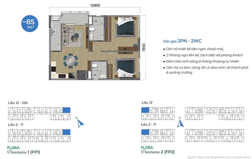 Thiết kế chi tiết căn hộ Mizuki Park – diện tích 85m²