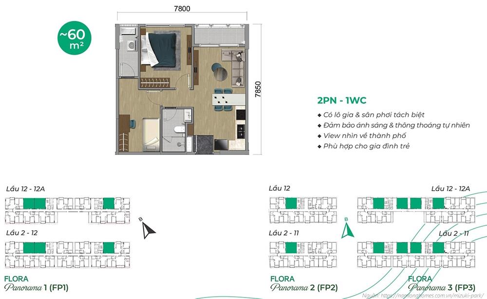 Thiết kế chi tiết căn hộ Mizuki Park – diện tích 60m²