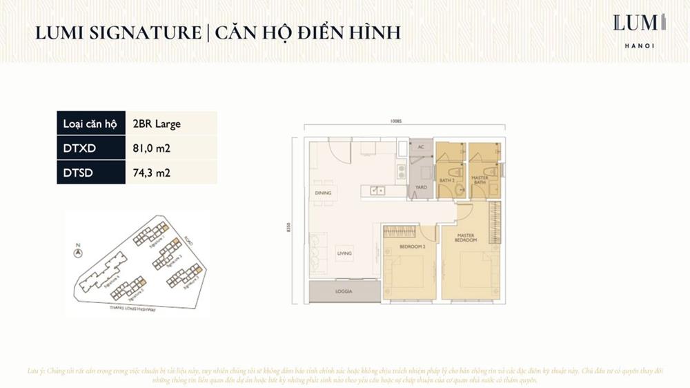 Layout thiết kế điển hình căn hộ Lumi Hanoi, Loại 2 Phòng Ngủ, Diện tích 81m2.