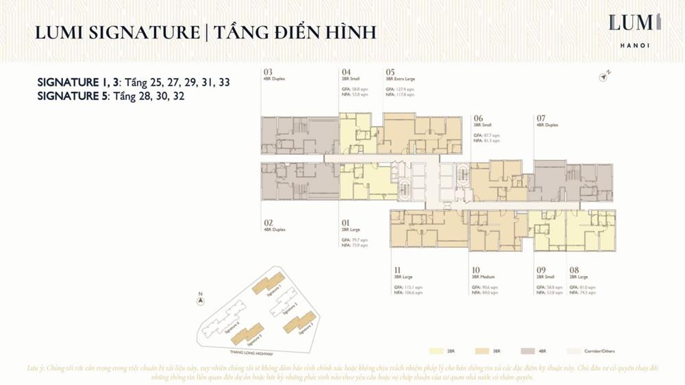 Mặt bằng tầng điển hình căn hộ Lumi Hanoi từ Tầng 25 đến Tầng 33.