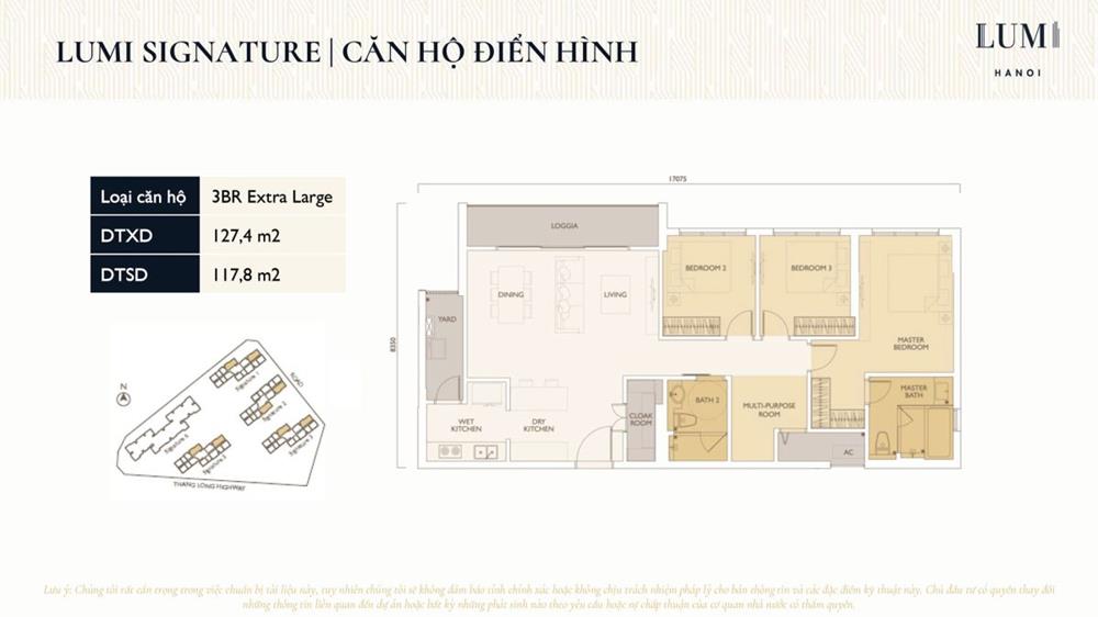 Layout thiết kế điển hình căn hộ Lumi Hanoi, Loại 3 Phòng Ngủ, Diện tích 124m2.