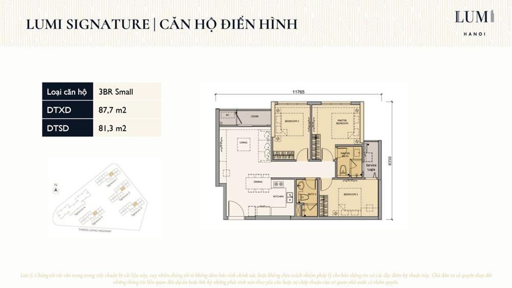 Layout thiết kế điển hình căn hộ Lumi Hanoi, Loại 3 Phòng Ngủ, Diện tích 87m2.