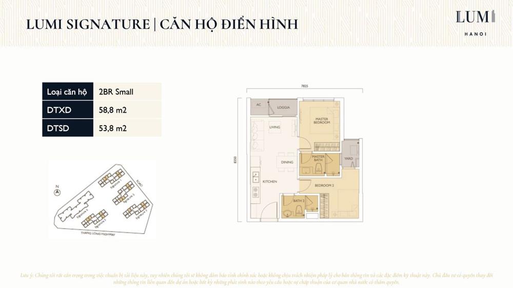 Layout thiết kế điển hình căn hộ Lumi Hanoi, Loại 2 Phòng Ngủ, Diện tích 58m2.