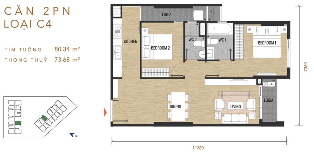 Thiết kế chi tiết căn hộ Ascent Garden Homes Quận 7 diện tích 80.34m²