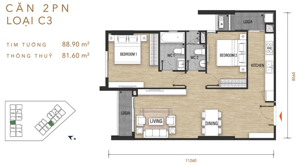 Thiết kế chi tiết căn hộ Ascent Garden Homes Quận 7 diện tích 88m²