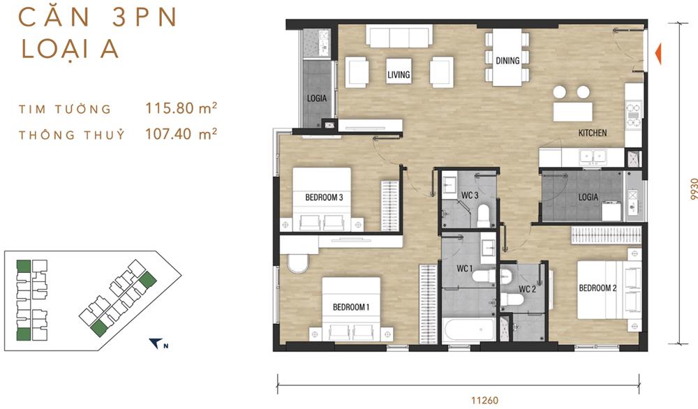 Thiết kế chi tiết căn hộ Ascent Garden Homes Quận 7 diện tích 115,8m²