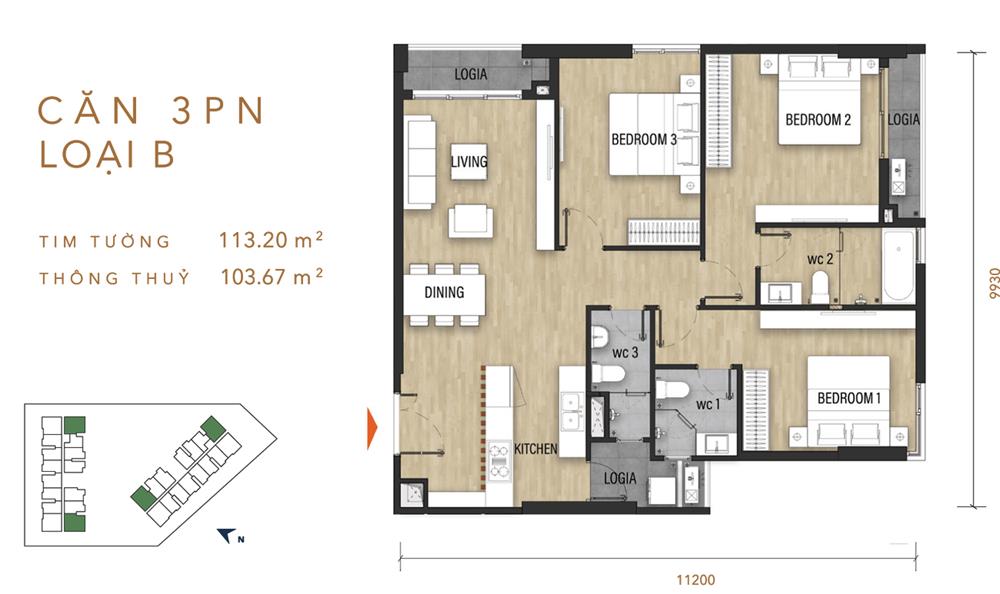 Thiết kế chi tiết căn hộ Ascent Garden Homes Quận 7 diện tích 113,2m²