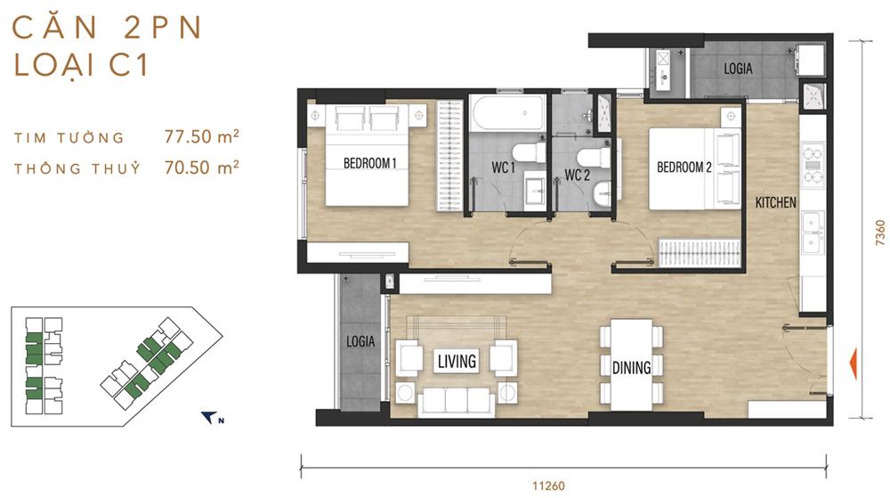 Thiết kế chi tiết căn hộ Ascent Garden Homes Quận 7 diện tích 77,50m²