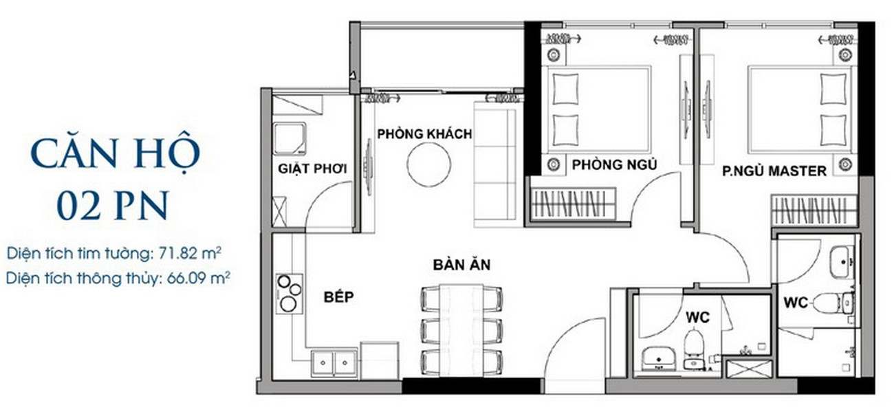 Thiết kế dự án căn hộ 2PN chung cư Rivana Thuận An diện tích 71.82m²