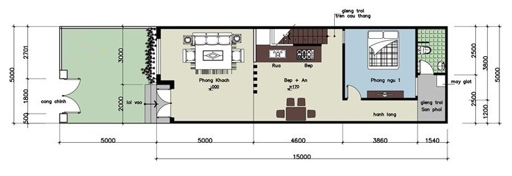 Mặt bằng tầng trệt nhà cấp 4 gác lửng.