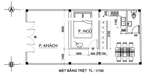 Tầng trệt gồm phòng khách, phòng ngủ master, khu bếp ăn và 1 phòng vệ sinh chung đặt phía sau cùng. 